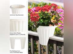 Pure Garden Railing Planter - 13.5-Inch Round Flower Box with Drainage Insert - 2.64-Gallon Outdoor Planter Box for Deck, Porch, or Balcony (White) 54