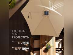 wikiwiki 7.5ft Solar Led Patio Umbrella, Sturdy Outdoor Market Umbrella for Deck, Pool, Garden w/Tilt, Crank, 32 LED Lights, Tan 189