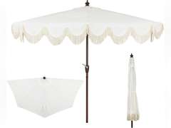 JONATHAN Y UMB1201D Beverly 9 ft. Designer Classic Scalloped Fringe Half Market Patio Umbrella with Crank, Push Button Tilt and UV Protection in Cream/White 144