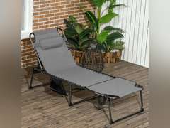 Outsunny Folding Chaise Lounge with 5-Level Reclining Back, Outdoor Tanning Chair with Reading Face Hole, Outdoor Lounge Chair with Side Pocket & Headrest for Beach, Yard, Patio, Gray 81