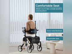 ELENKER 2 in 1 Rollator Walker & Transport Chair, Folding Wheelchair with 10 Non-Slip Wheels for Seniors, Reversible Backrest & Detachable Footrests, Champagne 144