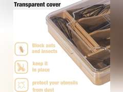 Kitchen Drawer Organizer, 13 Inch Silverware Utensil Tray Holder,with Removable Lid, 5 Slots Total Bamboo Wood Caddy for Flatware Cutlery Knives, Forks, Spoons. 24