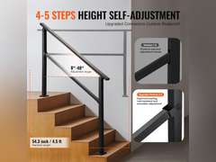 VEVOR Outdoor Handrails for Steps, 4-5 Step Stair Rail Kit, Black Square Tube with Horizontal Bar, Carbon Steel Support Rails for Seniors, Concrete & Deck Stairs, Easy Installation 64