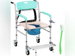 Decofy Shower Chair with Wheels, Commode Chair 3 in 1 Shower Wheelchair with Removable Bucket, Padded Seat, Toilet Brush, Waterproof Rolling Shower Chair for Elderly and Disabled Holds Up to 300 lbs 96