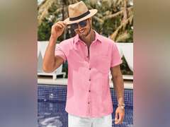 Bbalizko Mens Short Sleeve Button Up Shirts Linen Cotton Beach Tops Spread Collar Plain Summer T Shirt with Pocket 17