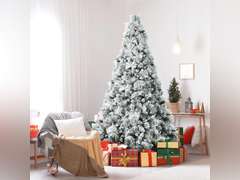 7ft Snow Flocked Christmas Tree, Artificial White Christmas Tree with 1014 Snow Branch Tips, Red Berries, Pine Cones, Hinged Xmas Tree w/Metal Stand, for Holiday Festival Decoration 257