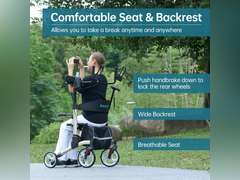 ELENKER Upright Walker, Stand Up Folding Rollator Walker with 10 Front Wheels Backrest Seat and Padded Armrests for Seniors and Adults, Silver 190