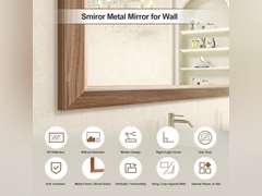 SMIROR 20 x 24 Inch Rustic Bathroom Mirror for Over Sink, Brown Walnut Metal Framed Farmhouse Rectangle Vanity Mirrors for Wall, Wooden Grain, Thick Frame, (Horizontally/Vertically) 60