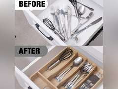 Kitchen Drawer Organizer, 13 Inch Silverware Utensil Tray Holder,with Removable Lid, 5 Slots Total Bamboo Wood Caddy for Flatware Cutlery Knives, Forks, Spoons. 24