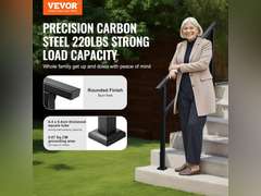 VEVOR Outdoor Handrails for Steps, 4-5 Step Stair Rail Kit, Black Square Tube with Horizontal Bar, Carbon Steel Support Rails for Seniors, Concrete & Deck Stairs, Easy Installation 64