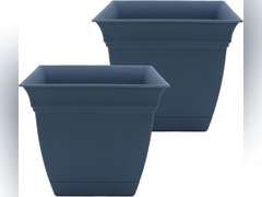 The HC Companies Eclipse Square Plastic Planter w/Attached Saucer - Outdoor & Indoor Plant Pot with Drainage Holes - Lightweight, UV-Resistant Plastic Pots for Plants (12" Slate Blue, Pack of 2) 33