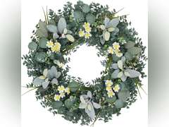 24 Inch Eucalyptus Wreath,Artificial Wreaths for Front Door, Year Round Greenery Wreath with Eucalyptus Boxwood Leaf Little Daisy Lambs Ear for Home,Outside Spring/Summer,All Seasons-Indoor/Outdoor 53