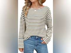 (Similar model) see pictures OFEEFAN Womens Long Sleeve Tops 2024 Striped Shirt Women Drop Shoulder Boat Neck Tops Loose Fit Casual Shirts size S 8