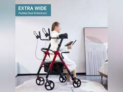 ELENKER Heavy Duty Upright Rollator Walker with Extra Wide Padded Seat and Backrest, Bariatric Stand Up Rolling Walker, Fully Adjustment Frame for Seniors, Red 180