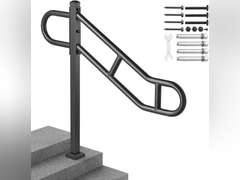 VEVOR Single Post Handrail for Outdoor 1-3 Steps, 40.5"L x 35.4"H, Dia 1.3" Metal Bent Stair Handrails, Floor Mounted Carbon Steel Stair Railing, U-Shaped Post Grab Rails with 2 Anti-Skid Crossbar 56