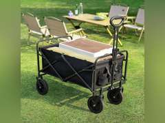 Sweetcrispy Collapsible Foldable Wagon Cart, Large Capacity Garden Cart with Wheels, Heavy Duty Utility Grocery Wagon with Drink Holders for Shopping Sports Camping, Large Black 107
