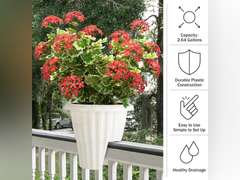 Pure Garden Railing Planter - 13.5-Inch Round Flower Box with Drainage Insert - 2.64-Gallon Outdoor Planter Box for Deck, Porch, or Balcony (White) 54