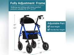 ELENKER All-Terrain Rollator Walker with 10 Non-Pneumatic Wheels, Sponge Padded Seat and Backrest, Fully Adjustment Frame for Seniors, Blue 307