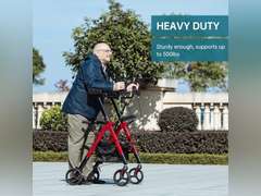 ELENKER Heavy Duty Upright Rollator Walker with Extra Wide Padded Seat and Backrest, Bariatric Stand Up Rolling Walker, Fully Adjustment Frame for Seniors, Red 180