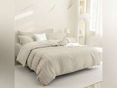 JELLYMONI Duvet Cover Queen Size Light Khaki - 3PCS Boho Striped Duvet Cover Set Polyester Tufted Bohemian Textured Comforter Cover 90 90in with Corner Ties & Zipper and 2 Pillowcases 42