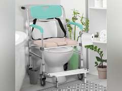 Decofy Shower Chair with Wheels, Commode Chair 3 in 1 Shower Wheelchair with Removable Bucket, Padded Seat, Toilet Brush, Waterproof Rolling Shower Chair for Elderly and Disabled Holds Up to 300 lbs 96