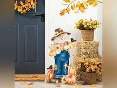 Glitzhome GH31362R1 Fall Welcome Wooden Scarecrow Hanging Wall Decor Porch Sign, Orange 32