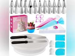 Riccle 94 pcs Cake Decorating Kit with Cake Turntable - Includes 50pcs 16 Inch Disposable + 2 Reusable Piping Bags and Tips Set, 24 Icing Piping Tips, 2 Spatulas, 3 Icing Comb Scraper, 6 Cake Liners 16