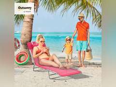Outsunny Folding Chaise Lounge Chair, Pool Sun Tanning Chair, Outdoor Lounge Chair with Reclining Back, Breathable Mesh Seat, Headrest for Beach, Yard, Patio, Pink 58