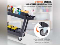 VEVOR Utility Service Cart, 2 Shelf 550LBS Heavy Duty Plastic Rolling Utility Cart with 360 Swivel Wheels (2 with Brakes), Large Lipped Shelf, Ergonomic Storage Handle for Warehouse/Garage/Cleaning 108