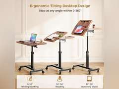 TV Trays Set of 2, Mobile Standing Stand Up Rolling Laptop Desks with Tilting Top Height Tray, Bed Tray, Tv Tray Folding Table for Bedroom, Home, Walnut Brown 45
