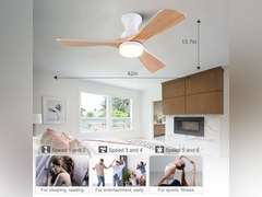 42 Inch Low Profile Ceiling Fan with Light and Remote, 3 Color Dimmable Flush Mount Ceiling Fan, 6 Speeds DC Motor, Wood Hugger Ceiling Fans with Lights, Indoor Outdoor Ceiling Fans 129