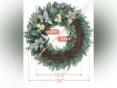 24 Inch Eucalyptus Wreath,Artificial Wreaths for Front Door, Year Round Greenery Wreath with Eucalyptus Boxwood Leaf Little Daisy Lambs Ear for Home,Outside Spring/Summer,All Seasons-Indoor/Outdoor 53