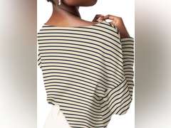 (Similar model) see pictures OFEEFAN Womens Long Sleeve Tops 2024 Striped Shirt Women Drop Shoulder Boat Neck Tops Loose Fit Casual Shirts size S 8