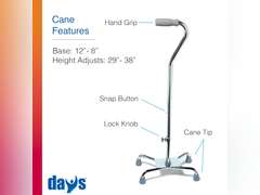 Days Quad Cane with Wide Base, Limited Mobility Aid for Elderly and Handicapped, Walking Stick with 4 Feet for Motor Control and Stability, Walk Assist with Slip Resistant Rubber Tips for Traction 63