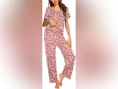 Ekouaer Pajama Set for Women 2 Piece Sleepwear Short Sleeve Pleated Top and Long Pants Soft Pjs Loungewear with Pockets size L 19