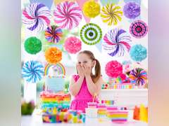 Outus 21 Pcs Party Decorations Hanging Paper Fans Candy Classroom Decorations Lollipop Tissue Pom Poms for Garland Ceilings Candyland Theme Birthday Party Supplies (Pom Poms) 14