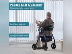 ELENKER All-Terrain Rollator Walker with 10 Non-Pneumatic Wheels, Sponge Padded Seat and Backrest, Fully Adjustment Frame for Seniors, Blue 307