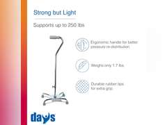 Days Quad Cane with Wide Base, Limited Mobility Aid for Elderly and Handicapped, Walking Stick with 4 Feet for Motor Control and Stability, Walk Assist with Slip Resistant Rubber Tips for Traction 63