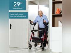 ELENKER Heavy Duty Upright Rollator Walker with Extra Wide Padded Seat and Backrest, Bariatric Stand Up Rolling Walker, Fully Adjustment Frame for Seniors, Red 180