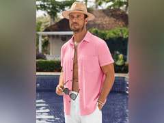 Bbalizko Mens Short Sleeve Button Up Shirts Linen Cotton Beach Tops Spread Collar Plain Summer T Shirt with Pocket 17