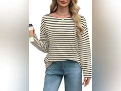 (Similar model) see pictures OFEEFAN Womens Long Sleeve Tops 2024 Striped Shirt Women Drop Shoulder Boat Neck Tops Loose Fit Casual Shirts size S 8