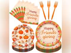 192 Pieces Happy Friendsgiving Tableware Set Party Supplies - Fall Thanksgiving Pattern Disposable Dinnerware with Paper Plates, Napkins, Forks for Autumn Harvest, Friendsgiving Dinner BBQ Picnic 17