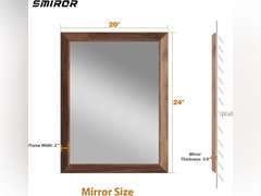 SMIROR 20 x 24 Inch Rustic Bathroom Mirror for Over Sink, Brown Walnut Metal Framed Farmhouse Rectangle Vanity Mirrors for Wall, Wooden Grain, Thick Frame, (Horizontally/Vertically) 60