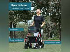 ELENKER All Terrain Rollator Walker Transport Wheelchair Combo, 2 in 1 Rolling Walker with Padded Seat and Wide Backrest, Red 671