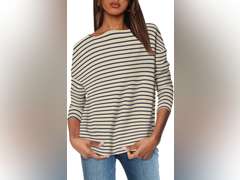 (Similar model) see pictures OFEEFAN Womens Long Sleeve Tops 2024 Striped Shirt Women Drop Shoulder Boat Neck Tops Loose Fit Casual Shirts size S 8