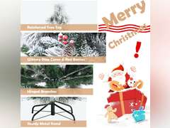7ft Snow Flocked Christmas Tree, Artificial White Christmas Tree with 1014 Snow Branch Tips, Red Berries, Pine Cones, Hinged Xmas Tree w/Metal Stand, for Holiday Festival Decoration 257