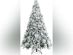 7ft Snow Flocked Christmas Tree, Artificial White Christmas Tree with 1014 Snow Branch Tips, Red Berries, Pine Cones, Hinged Xmas Tree w/Metal Stand, for Holiday Festival Decoration 257