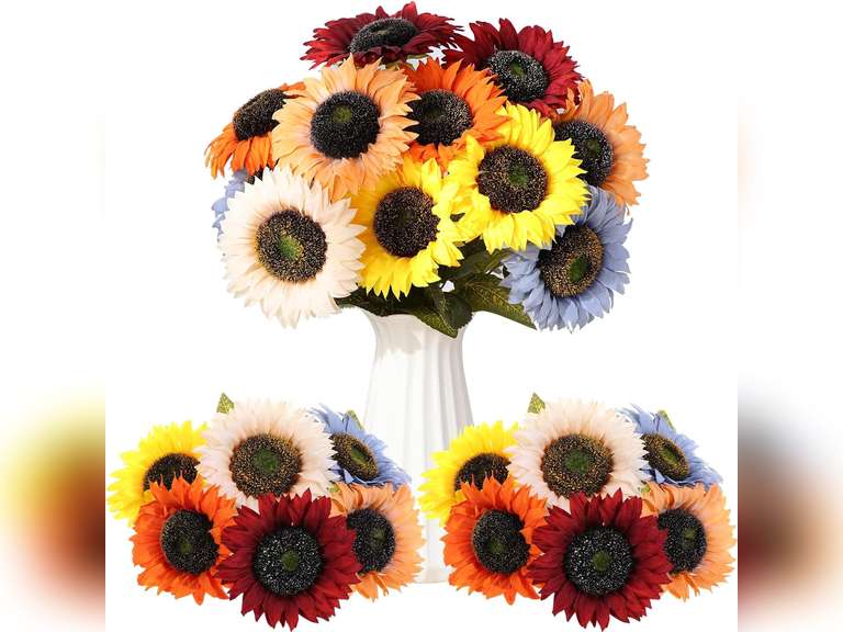 Thiccywoov 4 Bouquets Artificial Sunflowers Bouquet for Autumn Decoration Multi Color Sunflowers Artificial Flower, Fake Silk Sunflowers Bouquet for Table Centerpieces Home Party Decoration 18