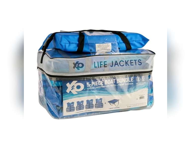 X20, 3-Pack Boat Bundle: Universal Life Jacket 4-Pack Plus Throwable Boat Cushion in Blue, Unisex 46