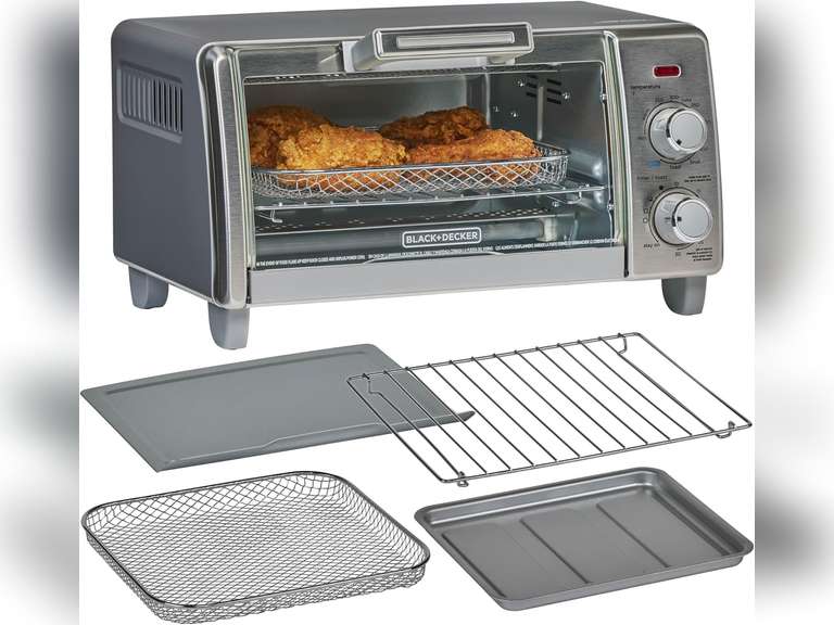 BLACK+DECKER Crisp 'N Bake Air Fry Countertop Convection Toaster Oven, Medium Capacity, 4-Slice, 5-in-1, Fits 9 Pizza, 30-Min Timer, Bake, Broil, Air Fry, Toast, Keep Warm, Stainless Steel 92